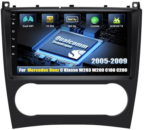 CAMECHO Qualcomm 8 Core 4G +64G Android 15 Radio para Mercedes Benz C Class W203 W209 C180 C200, Doble DIN Radio con 9'' Touchscreen,CarPlay,Dual WiFi,GPS,Bluetooth5.1, Dolby/Hi-Res+Cámara Trasera