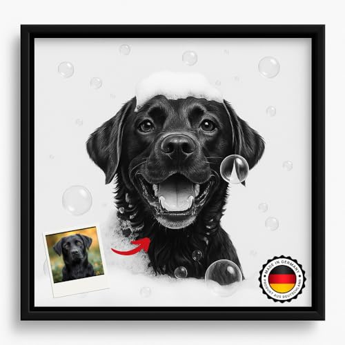 BYLITZ Dackel Geschenke, Haustierporträt personalisiert, Lustiges Geschenk für Tierliebhaber, Hund auf der Toilette, Haustier in der Badewanne, Poster, Leinwand oder gerahmtes Bild (Badewanne)