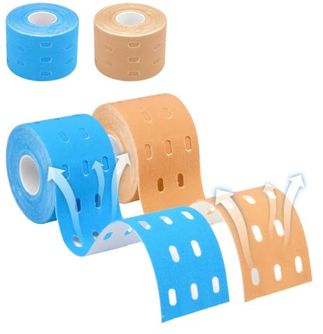 2 Pcs Kinesiotapes, 5m x 5cm hautfreundlich Kinesio Tapes, Perforiertes Design Elastische Selbstklebende Kinesiologie Tape für Muskelaufbau Knie Schulter und Ellenbogen Beige Blau