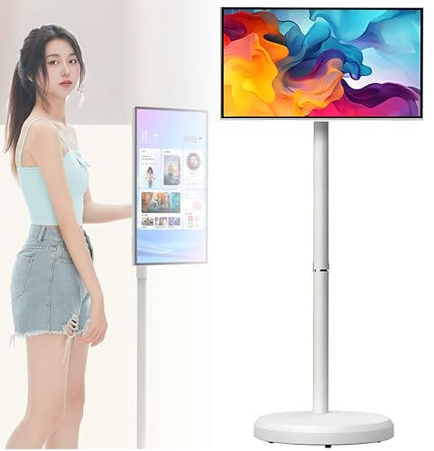 ExoticaBlend Écran Intelligent Mobile 21.5 Pouces HD sur roulettes, Moniteur Portable, Écran Tactile sans Fil, Android 14, Support Pivotant pour Streaming, Télétravail & Usage Polyvalent White-4+64G