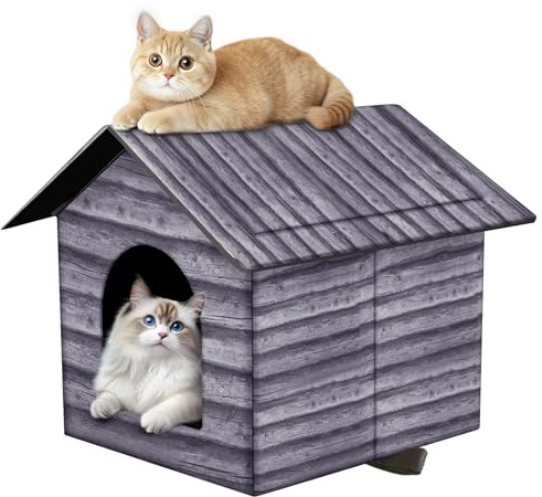 Outdoor Cat House Cat House for Outdoor and Indoor Use - Waterproof Shelter for Cats, Dogs, and Feral Animals (Grey Wood Color, Large)