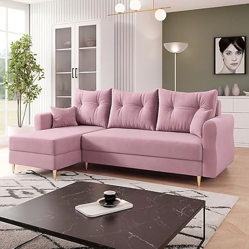 Agritrade AK Zako L Corner Sofa Bed with Storage – Reversible Chaise & Pull-Out Guest Bed (Light Pink)
