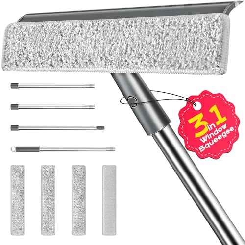 Window Squeegee for Home, Window Cleaner Tool with Extension Pole, Squeegee for Window Cleaning with 3 Microfiber Cloths and Screen Brush, Window Cleaning Kit for Car Windshield, Shower Glass Doors