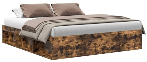Yisssmeng Bettgestell Räuchereiche 200x200 cm Holz Massiv Doppelbett Modernes Design mit 6 Staufächern für Schlafzimmer Jugendzimmer und Gästezimmer