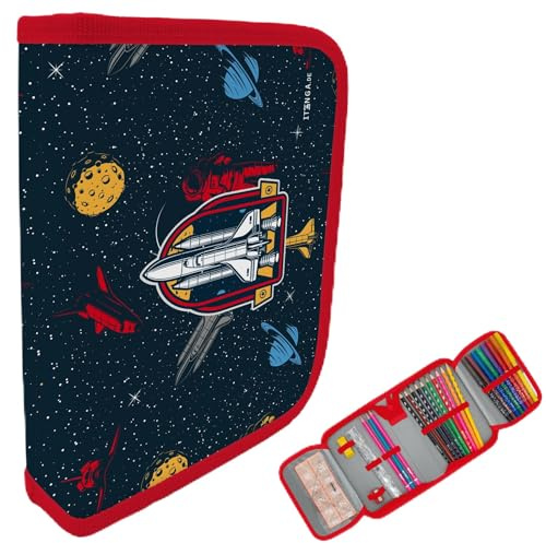 itenga Federmäppchen Jungen 28-teilig gefüllt – Schüler-Etui 1-Zipper mit Stiften, Lineal & Zubehör – Mäppchen Schule Grundschule (Motiv Weltraum)