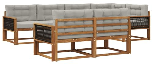 vidaXL Outdoor-Sofagarnitur mit Kissen 7 pcs Natur und Hellgrau, Terrasse, modernes Outdoor-Möbelset, wetterfeste Garten-Sofa-Garnitur, Flexible Design-Sitzgelegenheiten aus Akazienholz