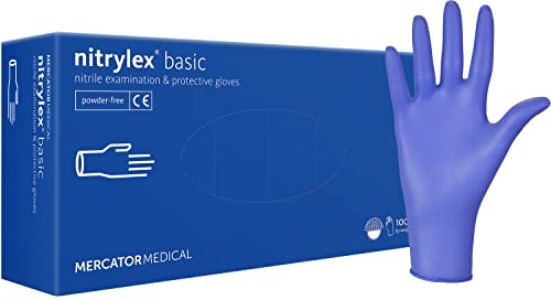 Nitrylex Basic Gants Nitrile Jetables, Examen Protecteur, Non Poudrés, Non Stériles, Couleur Bleu, Taille S (6-7), Ambidextre, Bout Doigt Texturé, Poignet Bordé, dispenser box 100 Pcs