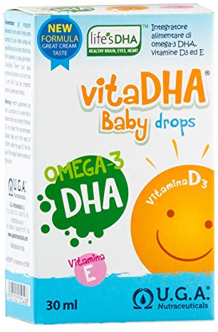VitaDHA Baby drops – Complément alimentaire d'oméga-3 DHA pur - Avec vitamine D3 et E - Pour bébés et enfants - Sans gluten ni lactose - Goût lait et crème - Compte-gouttes pratique - 30 ml