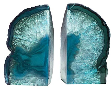 AMOYSTONE Buchstützen, gefärbt, Blaugrün/Aqua-Achat, groß, Kristallstein, 1 Paar, 1,8-2,7 kg, für Arbeitszimmer, Büro, Bücher