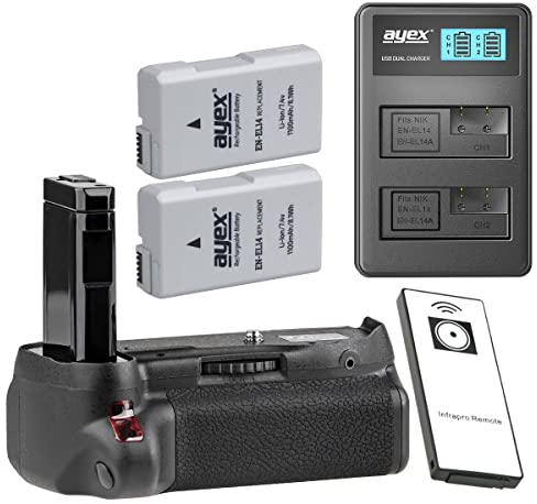 ayex Battery Grip Suitable for Nikon D5500 D5600 with IR Remote Shutter Release such as MB-D5500 + 2 x EN-EL14 Batteries + USB Dual Charger