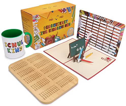 MIAMIO - Coffret Cadeau pour l'inscription à l'école Comprenant Tasse + Planche à déjeuner + Carte de vœux en 3D + horaire (Vert)