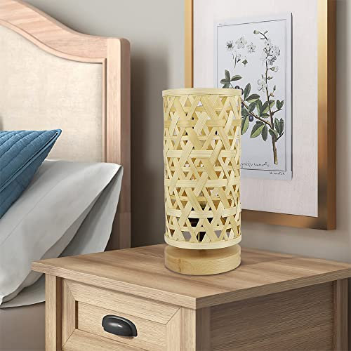 Depuley Lampe de Table Abat-Jour en Bambou, Lampe de Lecture, Lumière Chaude E27, Design Moderne en Bambou et Bois de Caoutchouc, Lamp Fait Main (Amouple LED 5W Incluse)…