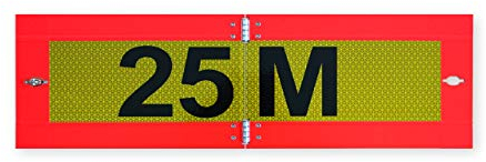 ‚25 M‘ Schild in drei Ausführungen | gelb und rot-orange | 565 x 196mm | nach ECE 70.01 | stark reflektierend (RA3/C) | ‚25M‘ Heckwarntafel für Lkw, LCV, Gigaliner in Skandinavien (Aluminium klappbar)