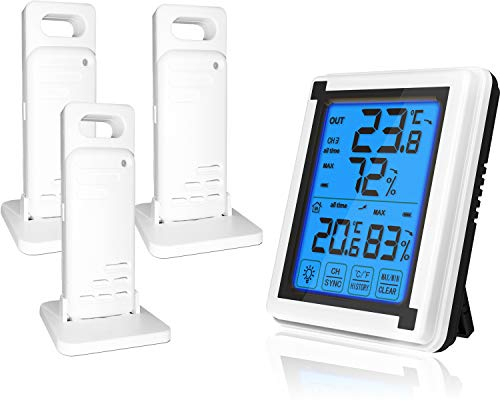 ThreeH Thermomètre extérieur Intérieur Hygromètre Numérique avec 3 Capteurs sans fil Jauge d'humidité Moniteur Température Précis avec Rétroéclairage LCD à écran tactile (3 capteurs)