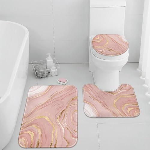 Britimes Pink Marble Bathroom Rug Set of 3, Gold Rose 3 Pieces Bath Mats Set, Vintage Style Peach Blush Non-Slip Washable Cover Floor Rug Decorations for Kitchen Bathroom Bedroom