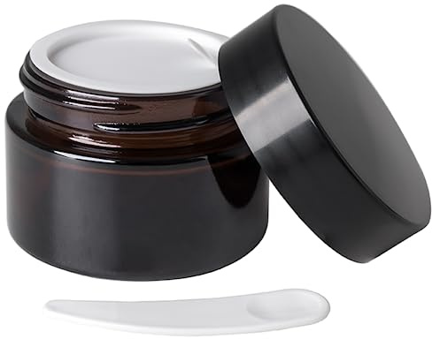OverNews 1oz Amber Glass Jar, Empty Cosmetic Lotion Containers,with Inner Liners,Black Lid, Spatula