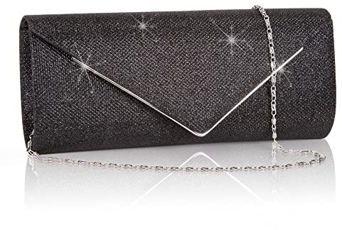 Larcenciel Clutch Damen, Glitzer Abendtasche Umhängetasche mit Abnehmbarer Kette, Modische Handtasche Elegante Envelope Tasche Kettentasche Schultertaschen für Abschlussball, Hochzeit, Party (Schwarz)
