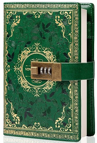 TIEFOSSI Vintage Leder Journal Notizbuch mit Zahlenschloss, B6 Geprägte Blume Geheimes Tagebuch Liniertes Papier zum Schreiben, Geschenk für Frauen Mädchen Kinder (Grün)