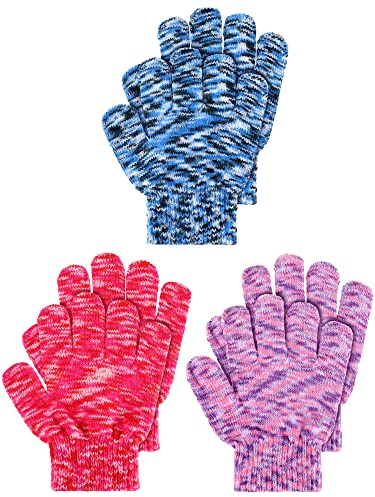Geyoga 3 Paar Winter Kinder Gestrickte Handschuhe Kinder Strickhandschuhe Elastische Fäustlinge (Rot, Blau, Lila, M)