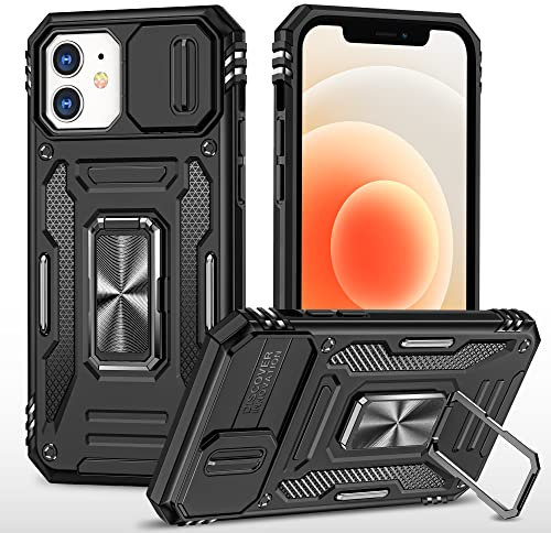 Cover Compatibile con iPhone 12/12 Pro 6.1,Protezione Fotocamera Slidable Custodia Antiurto Case Anello Supporto Silicone Custodie,Nero
