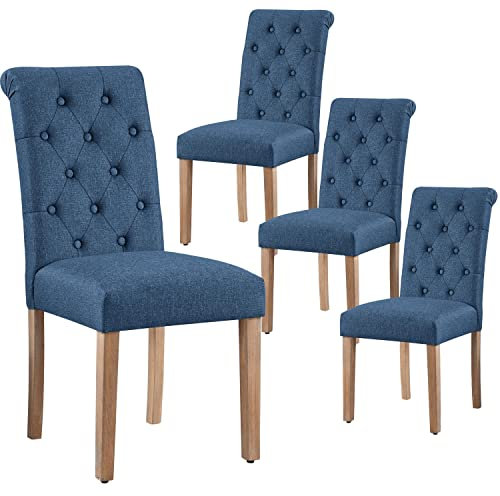 Yaheetech Lot de 4 chaises de Salle à Manger avec Dossier Haut Pieds en Bois Massif Assise rembourrée pour Maison Bureau Cuisine Bar Réunion Hôtel Bleu