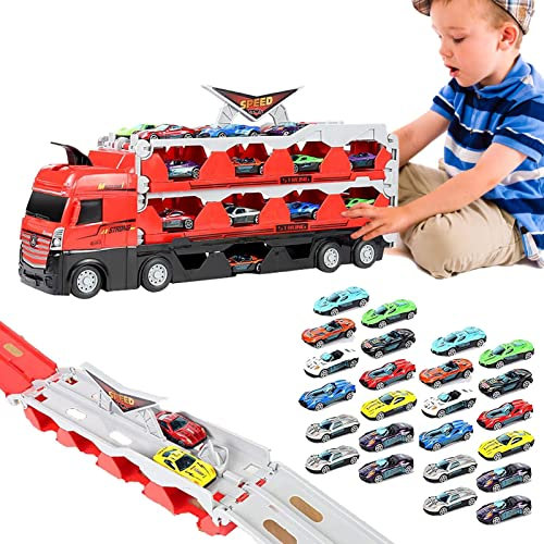 Rianpesn Mega Hauler Truck, Newest Carrier Truck Toy With Folding Ejection Race Track, Big Truck Folding Storage Race Track Deformation, Car Transporter Toy Truck For Kids 3+ Years Old