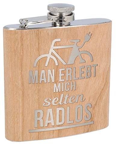 Spruchreif | Gravierter Edelstahl Flachmann | Holz Flachmann mit Gravur Fahrrad | Alkohol Flachmann | Outdoor Geschenk | Geschenk E-Bike | Geschenk für Radfahrer und Mountainbiker | E-Bike Geschenk