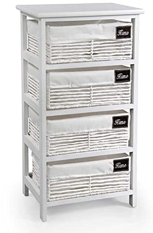 Generico Cajonera de cocina de madera blanca shabby chic con 4 cajones de mimbre y tesuto home GG-2996