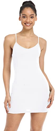 Qaffier Klänning med hel klänning för kvinnor justerbar spagettirem v-ringad under klänning linne mini slip klänning, Vitt, XS
