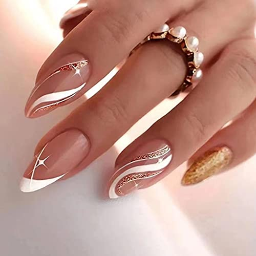 24 Stück Künstliche Nägel Mandel Mittel, French Weiß Stern Kunstnägel Acryl Nägel Zum Aufkleben, Glossy Glitzer Falsche Nägel Fingernägel Fake Nails für Frauen Mädchen Fingernägel Verlängerung