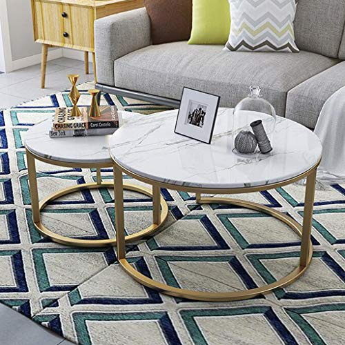 CENAP Heimdekor-Möbel-Sets mit 2 Wohnzimmer-Cocktailtischen mit überlappenden Enden, Heimdekor-Stapel-Satztisch-Sets | Runde Tee-/Couchtische, Schreibtischplatte aus MDF mit Marmormuster für Wohnz