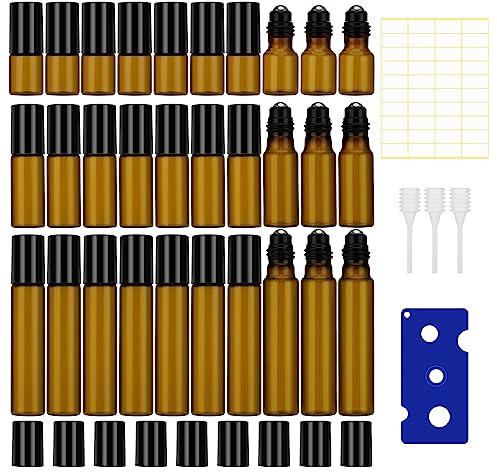 Opopark 35 Packs Roll on Glasflaschen für Ätherisches Öl, 30 Stück 3ml/5ml/10ml Rollon Flaschen für Öle mit Edelstahl-Roller Ball, 1 Öffner und 1 Aufkleber für Parfüm, Duftstoff, Massage
