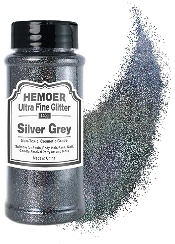 HEMOER Silbergrau Glitzerpulver, 140g Bastel Glitzerpulver für Epoxidharz, DIY Basteln, Feine Handwerk Glitter für Tumbler Malerei Kerze Herstellung; Kosmetischer Glitzer, Haare, Körper Nagel Glitzer