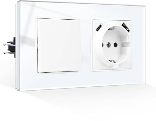 CNBINGO Interruptor de luz con enchufe USB empotrado – Enchufe Schuko de cristal con puerto USB-A y tipo C (máx. 2,1 A total), cristal templado enchufe con abrazadera de enchufe, 1 compartimento, 1