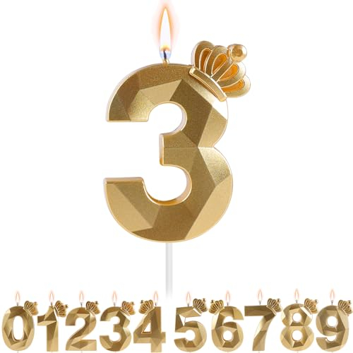 Birthday Candles Number, 3D Birthday Number Candles with Crown Gold Birthday Candles for Cakes Decoration, Birthday Cake Topper Number Candle for Anniversary Wedding Graduation Party (Number 3)