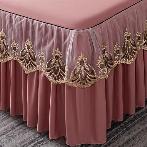 Odot Bettrock Rüschen, Vintage Stil Spitze Design Solide Farbe Spannbettlaken mit Volant Elastische Bettvolants Matratzenschoner Spannbetttücher Spannbetttuch Bettlaken (180x220cm,Rosa)