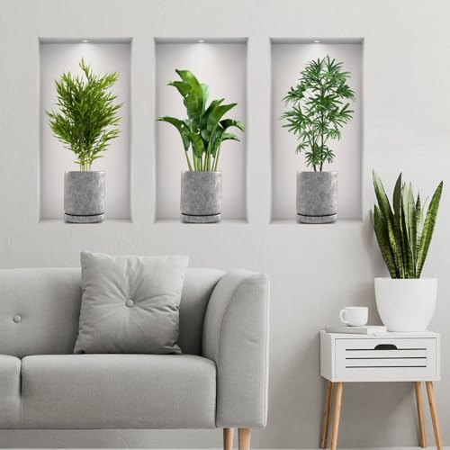 SRIZIAN 3Pcs Pegatina Pared Jarrón 3D, 3D Plantas Verdes Pegatinas de Pared para Dormitorio, Cocina, Pasillo Escaleras Decoración (23cm×45cm)