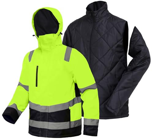 WORK IDEA Versatile giacca da lavoro 3 in 1 con catarifrangenti, impermeabile, antivento, traspirante, ideale per tutte le stagioni, giallo., L