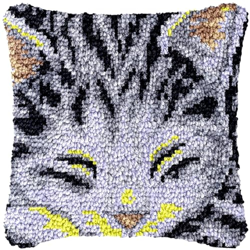 GSAEIMCT Knüpfkissen-Set, Kissenbezug – Diy-Häkelgarn-Set, Stickerei-Kreuzstich-Set Für Anfänger, Erwachsene, Kinder, Schlafende Katze, Kissenbezug, Heimdekoration, Handarbeit, Geschenk, 43 X 43 Cm