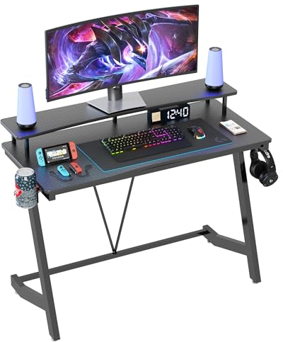 TREETALK Gaming Desk,43In Computer Desk with Large Monitor Stand, PC Laptop Table for Small Spaces, Gamer Workstation with Cup Holder, Headphone Hook for Home Office (110CM)