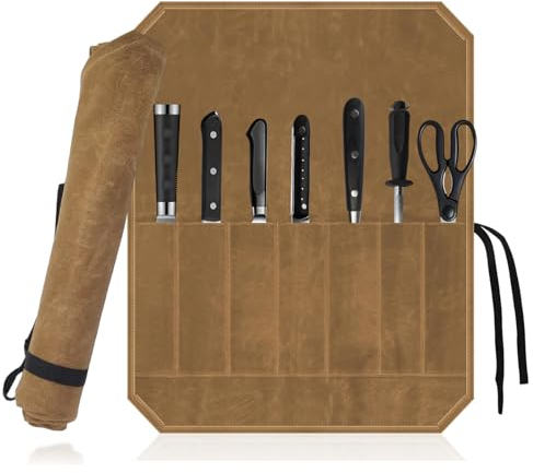 ZIGefofo Bolsa para Cuchillos con 7 Compartimentos Caqui Lona Encerada Portátil Bolsa Enrollable para Cuchillos Práctico Guardar Cuchillos Cocina Vajilla para Acampar Hacer Senderismo - 45 x 56 cm