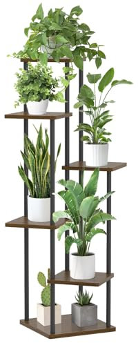 Oppro Pflanzenständer mit 6 Etagen, Metall, Holz, abgestufter Eck-Pflanzenständer, Topflappen, Blumenregal für Wohnzimmer, Schlafzimmer, Außenbereich, Balkon, Garten, Terrasse, Eiche