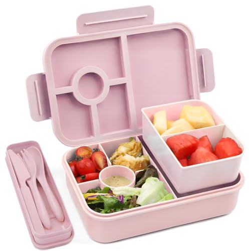 Bugucat Brotdose Kinder mit Fächern 1300ML, Auslaufsicher Lunchbox Kinder, Bento Box mit Besteckset, Brotdose für Erwachsene,Vesperdose Frühstücksbox für Mädchen & Jungen Rosa