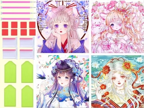4 Pack Anime Mädchen Diamond Painting XXL 100x100cm Diamant Painting Bilder Erwachsene Diamond Art Painting mit Zubehör, Kinder Stickerei Set Diamant Kunst Malerei für Zimmer Deko Geschenk T-2552
