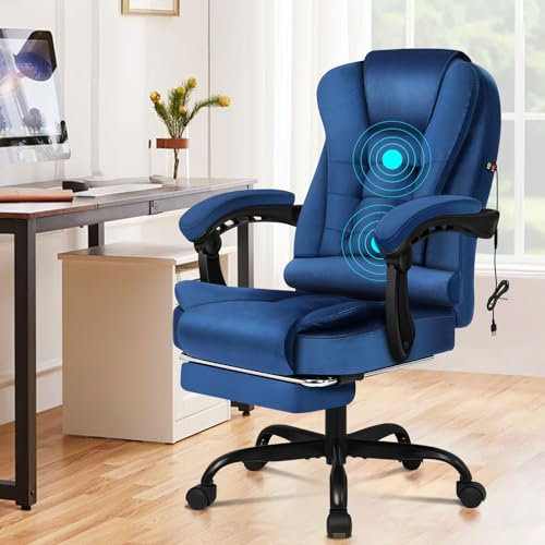 ELFORDSON Velvet Office Chair with 2-Point Massage for Home Office, Ergonomic Office Chairs with Footrest, Dual-layer Back Support, Executive Gaming Chair, Comfy Desk Chair for Heavy Duty, Blue