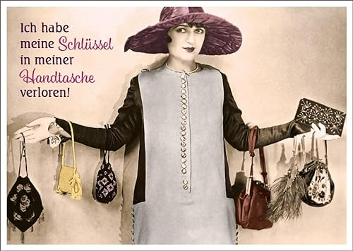 Lustige Postkarte für Frauen mit Vintage-Flair – 'Ich habe meine Schlüssel in meiner Handtasche verloren!' – Humorvolle Karte, ideal für Freundinnen und Kolleginnen, Witziges Geschenk.