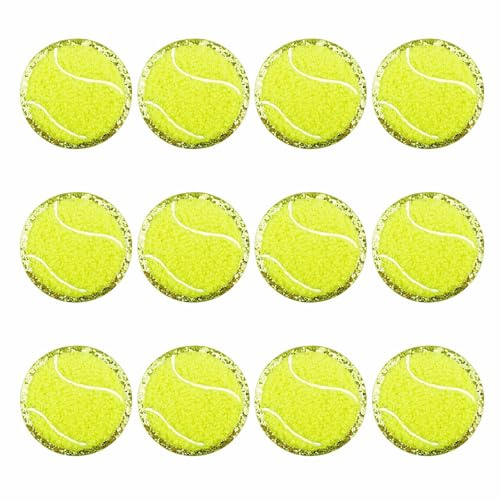 SaktopDeco 12 PCS Tennis Ball Patch Sports Iron On Patches Gold Edges Chenille Patches Tennis Applique for DIY Craft Decorating Clothing