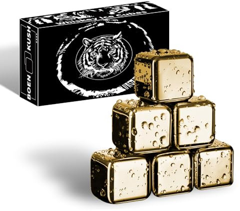 Whisky Steine – 6 Wiederverwendbare Edelstahl Metall Eiswürfel Getränke kühl Whisky Steine für Rotwein, Bier, Scotch, Wodka-Getränke – Golden