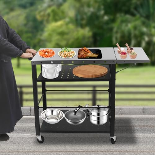 Kozivmo Mesa universal para barbacoa, mesa de acero con carrito de barbacoa, mesa con mesa auxiliar plegable y 4 ruedas, soporte para rollos de cocina, gancho para cubiertos adecuado para barbacoa de