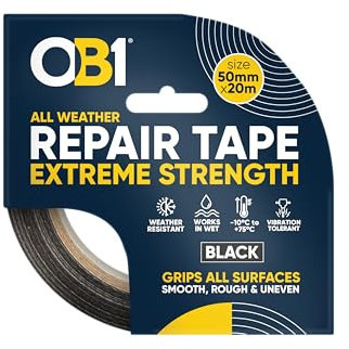 OB1 Black All Weather Repair Tape Extreme Strength - Ultra Strong Waterproof Duct Tape - Maximum Bond Strength - Heat, Water & UV Resistant - Indoor & Outdoor Use - 50mm x 20m Roll
